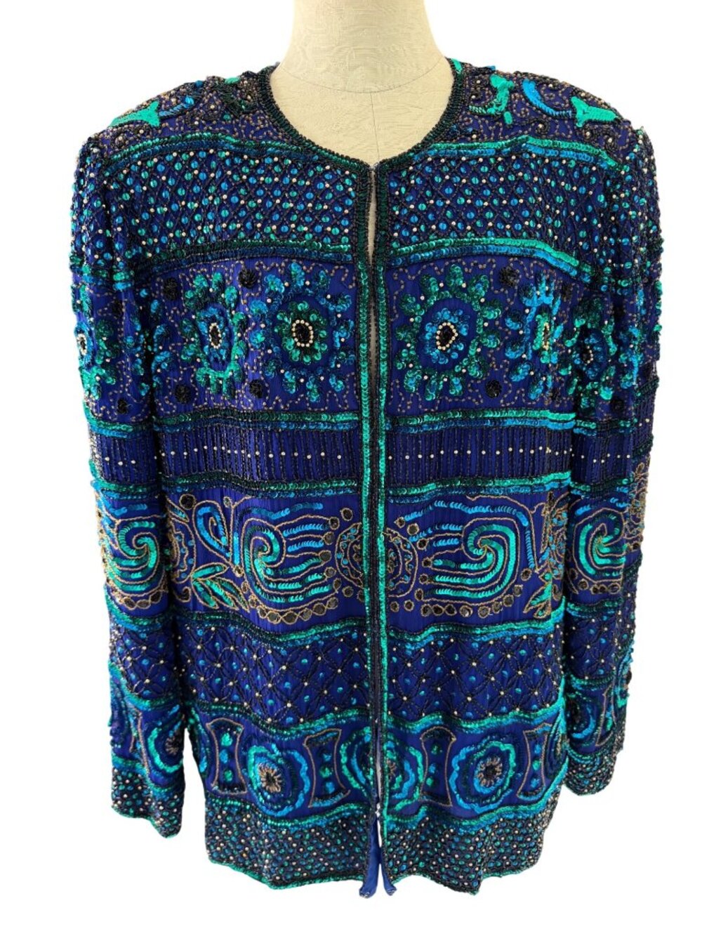 Scala Womens Hand-beaded And Sequined Evening Jacket Size XL Blue Silk Vintage